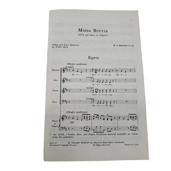 Vintage Missa Brevis W A Mozart Choral Music Songbook SATB & Piano - Picture 3 of 7
